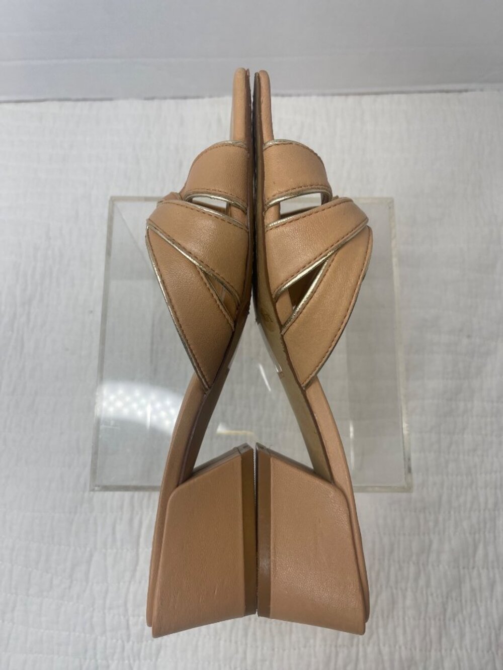 Vince Camuto Leather Block Heel Selaries Slide Sandals7M Beige/Walnut - Picture 6 of 8